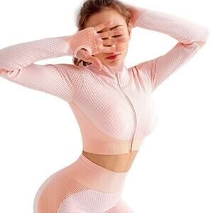 NEW Seamless Crop Yoga Running Thumb Hole Jacket Pink Size Small